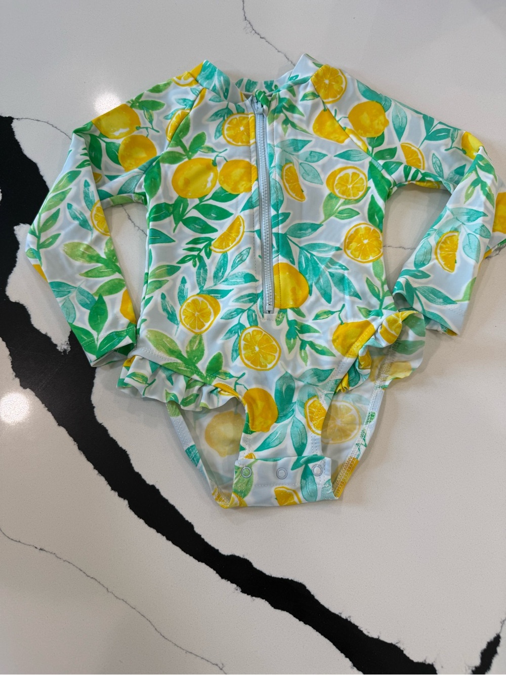 Little Me Lemon Print Long-Sleeve One-Piece Swimsuit - Yellow & Green 24Months